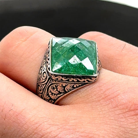 Tilted Square Designed Turkish Style Ring with Natural Emerald | 925 Sterling Silver Oxidized Ring | With Certificate of Authenticity and 925 Hallmark
