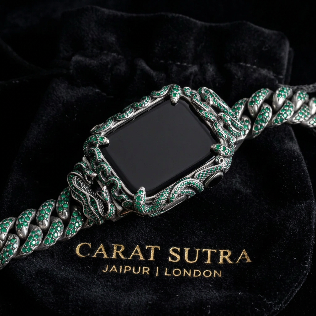 16mm Snake Chain Smart Watch Case & Strap studded with Original Emeralds | 925 Sterling Silver in Oxidised Finish with Hallmark