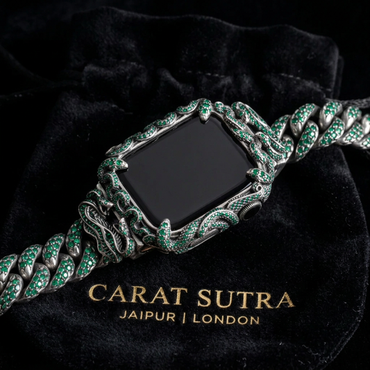 16mm Snake Chain Smart Watch Case & Strap studded with Original Emeralds | 925 Sterling Silver in Oxidised Finish with Hallmark