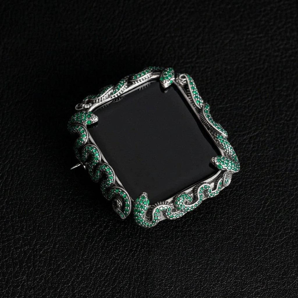 16mm Snake Chain Smart Watch Case & Strap studded with Original Emeralds | 925 Sterling Silver in Oxidised Finish with Hallmark