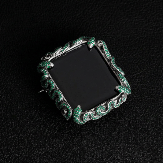 16mm Snake Chain Smart Watch Case & Strap studded with Original Emeralds | 925 Sterling Silver in Oxidised Finish with Hallmark
