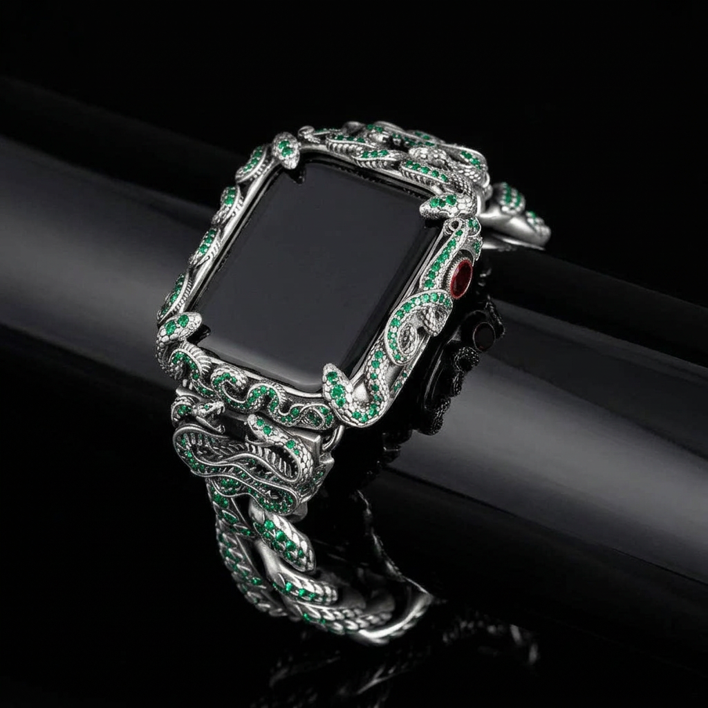 16mm Snake Chain Smart Watch Case & Strap studded with Original Emeralds | 925 Sterling Silver in Oxidised Finish with Hallmark