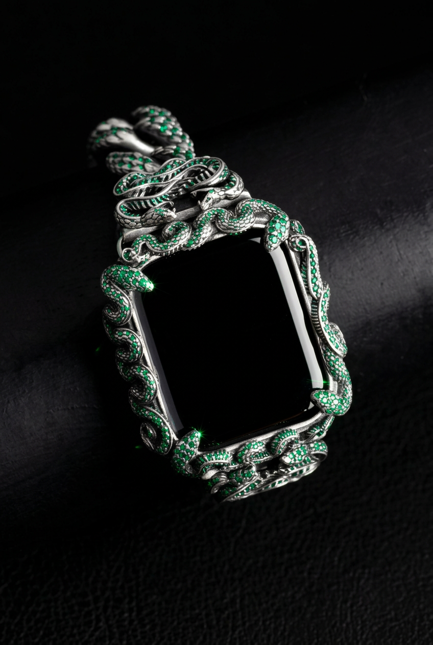 16mm Snake Chain Smart Watch Case & Strap studded with Original Emeralds | 925 Sterling Silver in Oxidised Finish with Hallmark