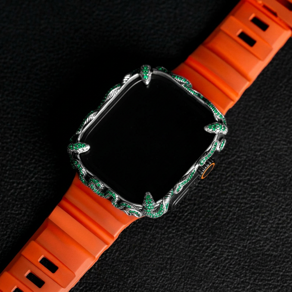 Smart Watch Snake Case Studded with Original Emeralds | Oxidised Finish. 925 Sterling Silver with Hallmark