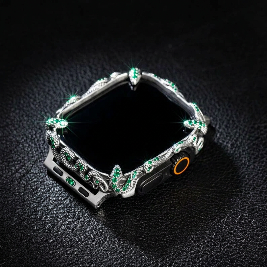Smart Watch Snake Case Studded with Original Emeralds | Oxidised Finish. 925 Sterling Silver with Hallmark
