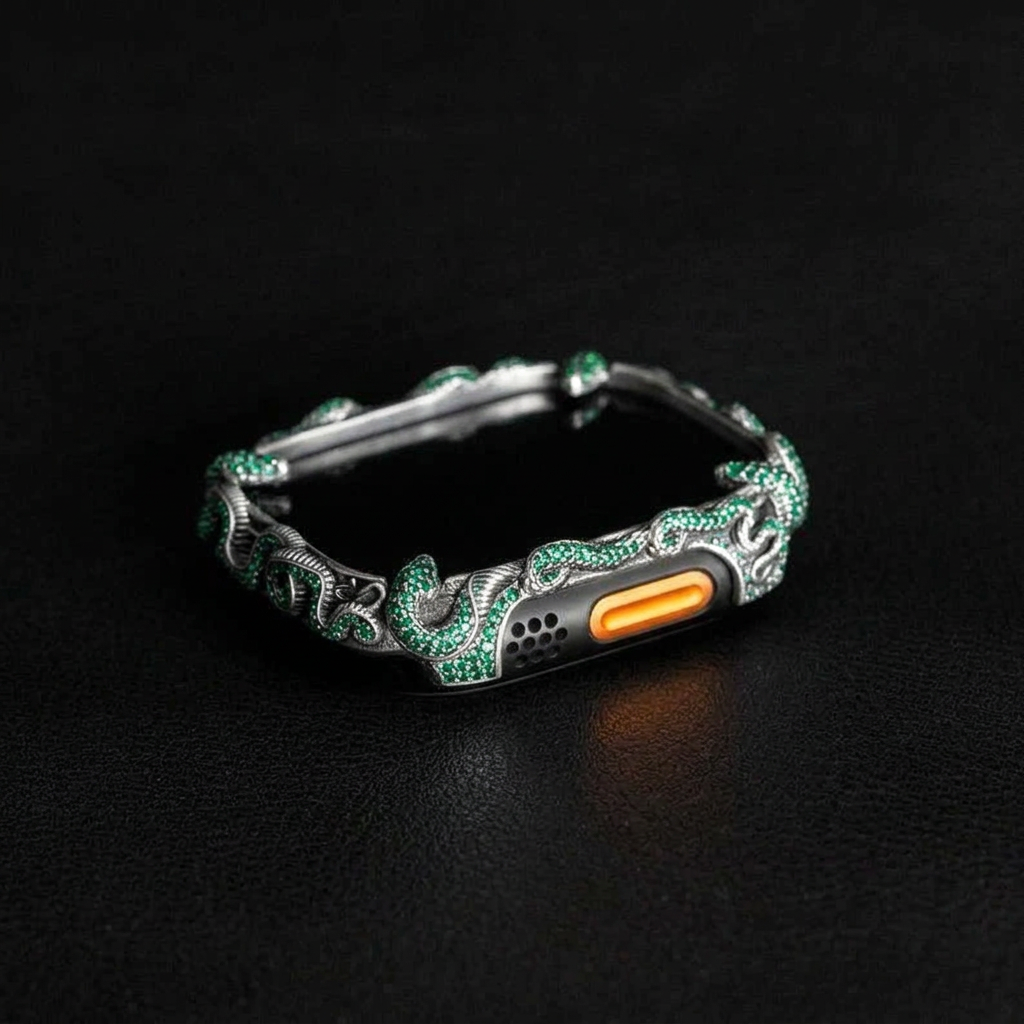 Smart Watch Snake Case Studded with Original Emeralds | Oxidised Finish. 925 Sterling Silver with Hallmark