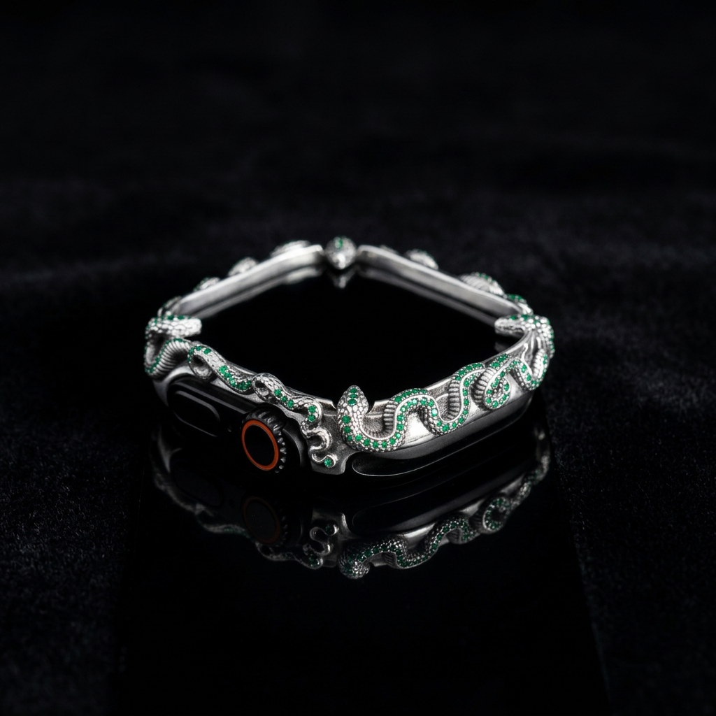 Smart Watch Snake Case Studded with Original Emeralds | Oxidised Finish. 925 Sterling Silver with Hallmark