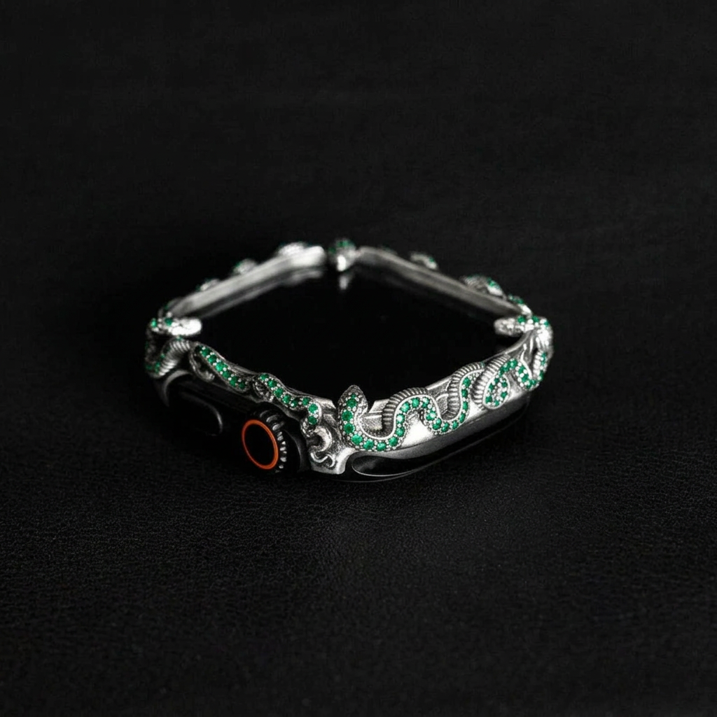 Smart Watch Snake Case Studded with Original Emeralds | Oxidised Finish. 925 Sterling Silver with Hallmark