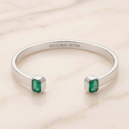 Natural Zambian Emerald Stone Bangle, 5 cts each Adjustable Cuff Style Bangle/kadaa in 999 Sterling Silver