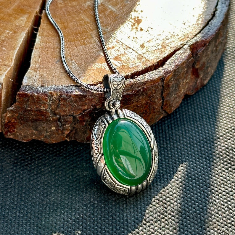 15ct Natural Green Onyx (Aqeeq), 925 Sterling Silver Pendant | With Certificate of Authenticity and 925 Hallmark