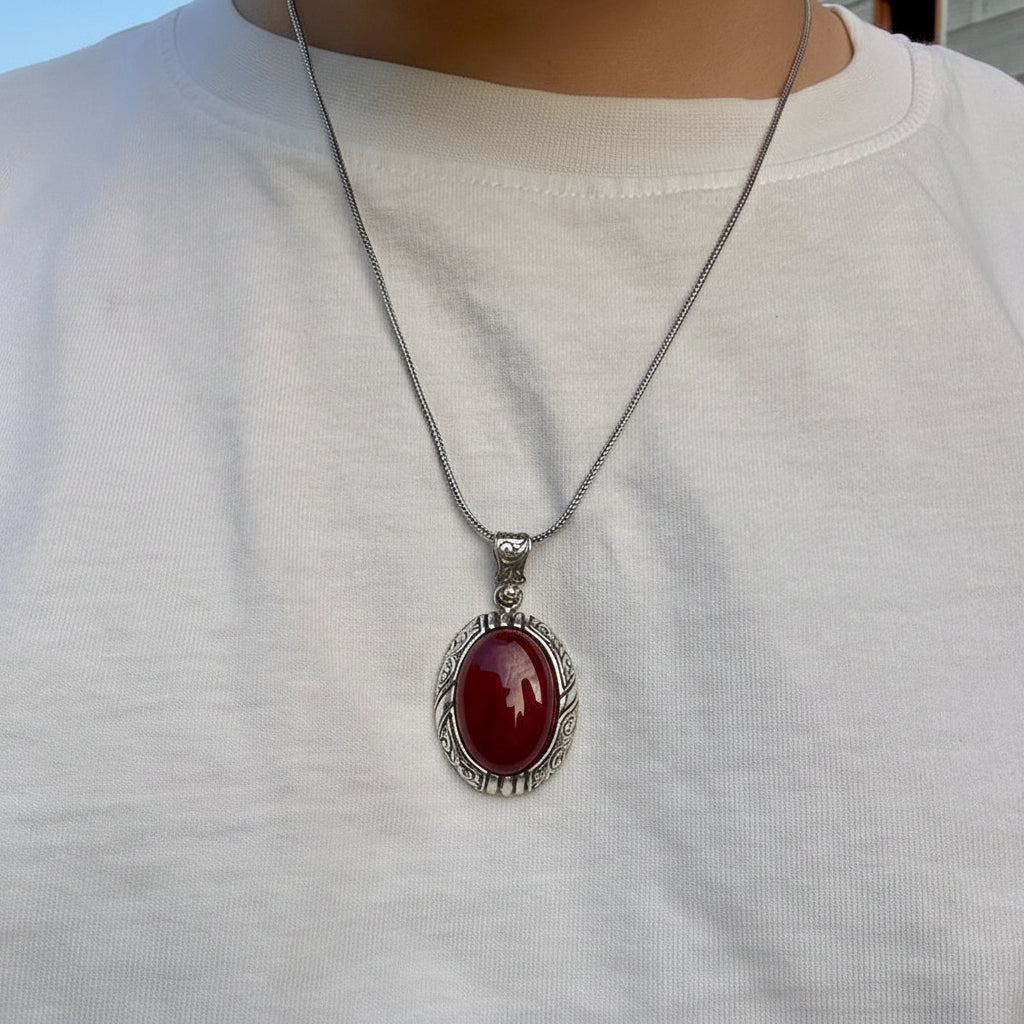 15ct Natural Red Onyx (Yemeni Aqeeq), 925 Sterling Silver Pendant | With Certificate of Authenticity and 925 Hallmark