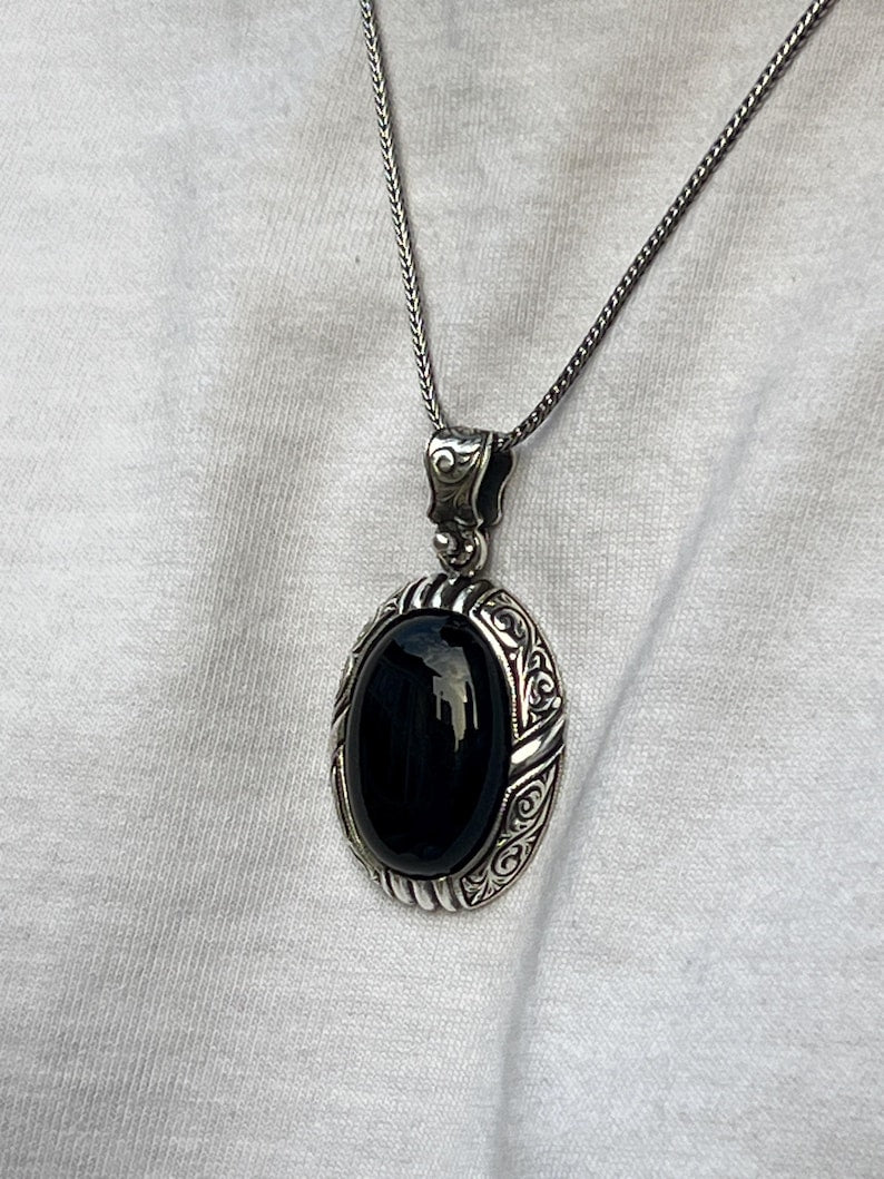 15ct Natural Black Onyx (Aqeeq), 925 Sterling Silver Pendant | With Certificate of Authenticity and 925 Hallmark