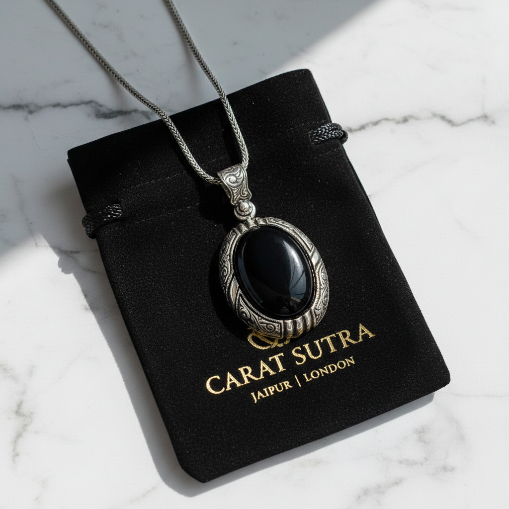 15ct Natural Black Onyx (Aqeeq), 925 Sterling Silver Pendant | With Certificate of Authenticity and 925 Hallmark