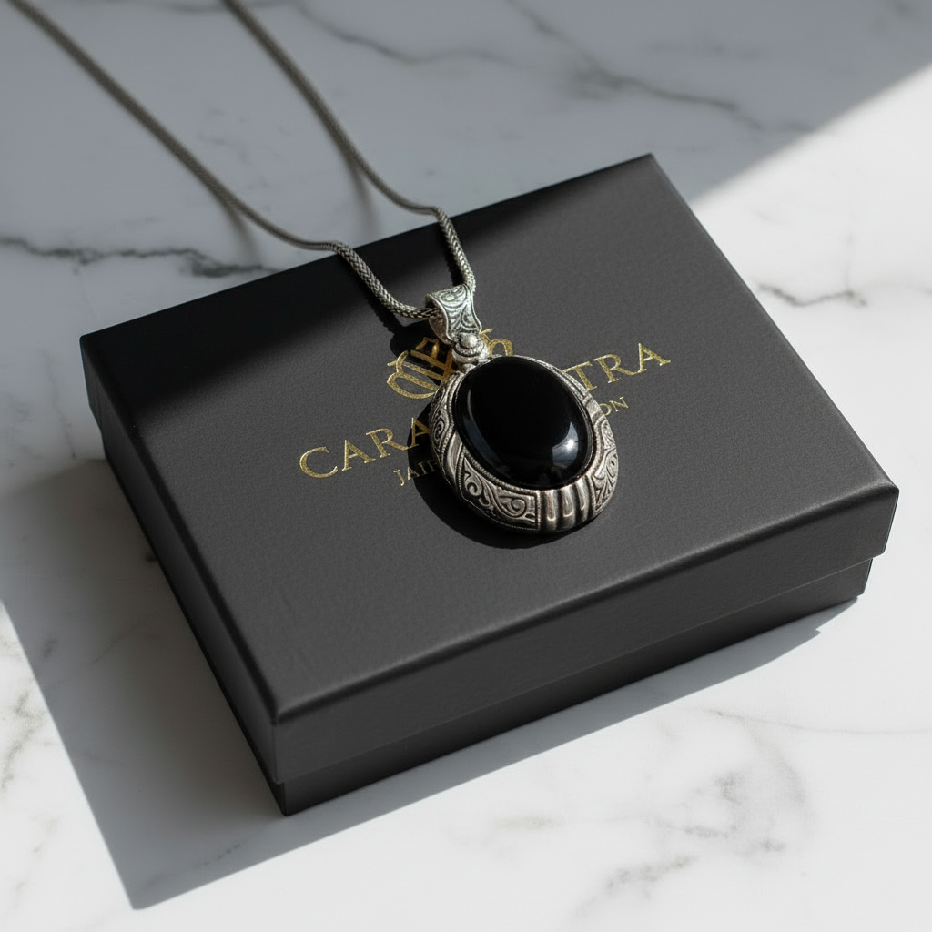 15ct Natural Black Onyx (Aqeeq), 925 Sterling Silver Pendant | With Certificate of Authenticity and 925 Hallmark