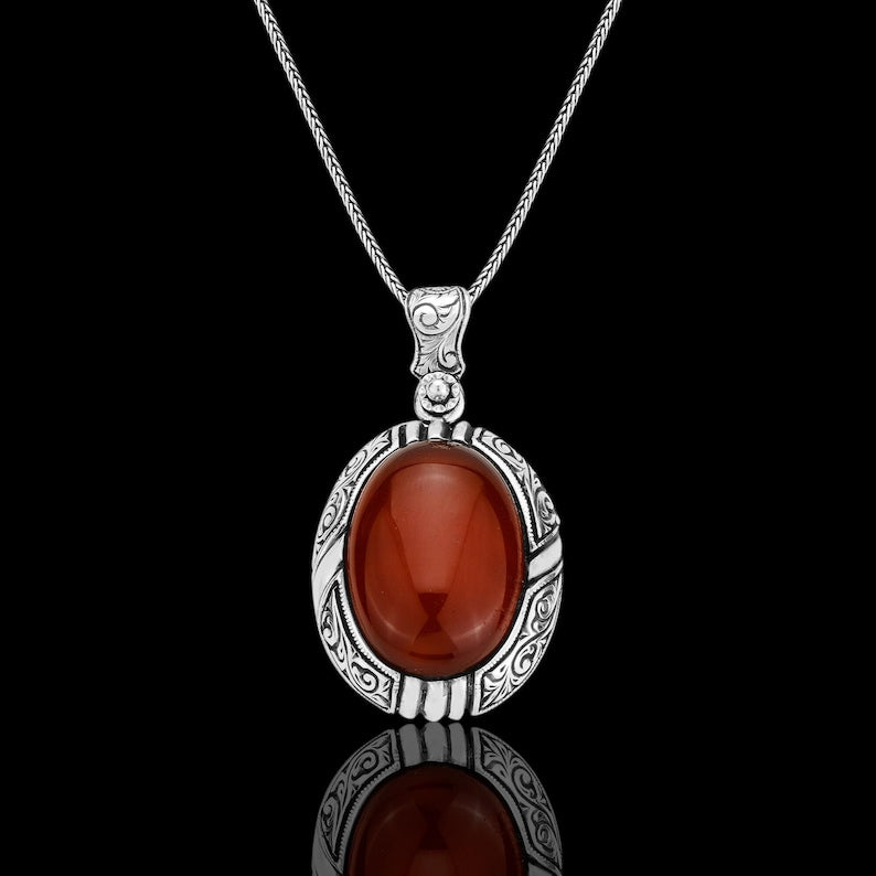 15ct Natural Red Onyx (Yemeni Aqeeq), 925 Sterling Silver Pendant | With Certificate of Authenticity and 925 Hallmark
