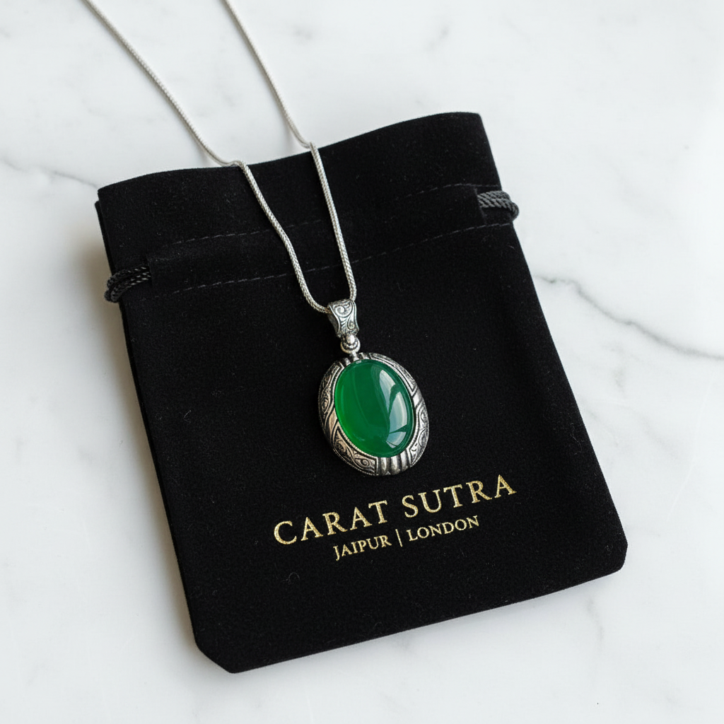 15ct Natural Green Onyx (Aqeeq), 925 Sterling Silver Pendant | With Certificate of Authenticity and 925 Hallmark