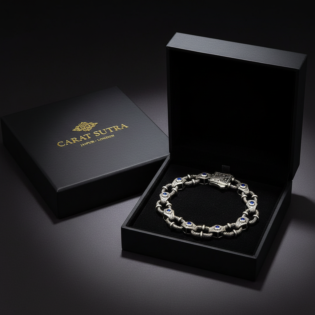 Infinity Style Hand-Engraved Bracelet with mini Natural Blue Sapphire (Neelam) Stone | 925 Sterling Silver Bracelet | With Certificate of Authenticity and 925 Hallmark - caratsutra