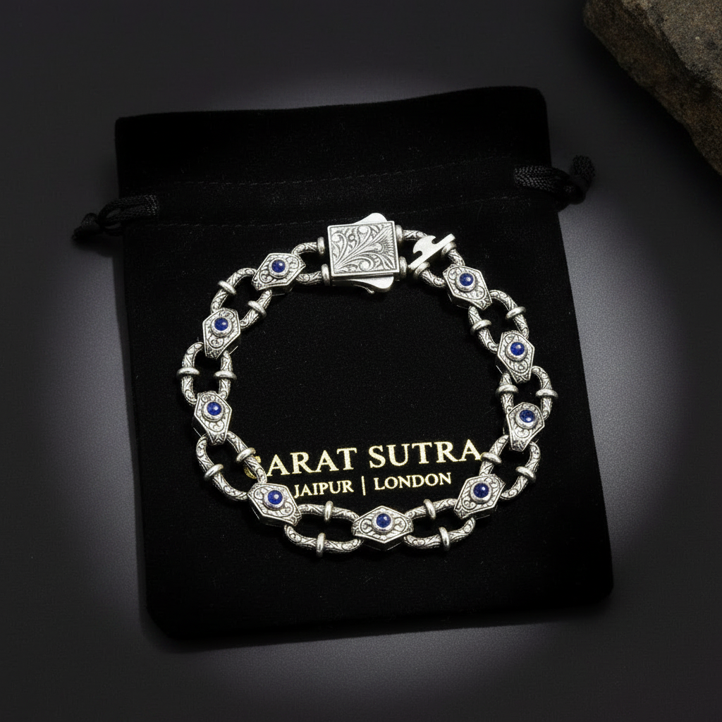 Infinity Style Hand-Engraved Bracelet with mini Natural Blue Sapphire (Neelam) Stone | 925 Sterling Silver Bracelet | With Certificate of Authenticity and 925 Hallmark - caratsutra