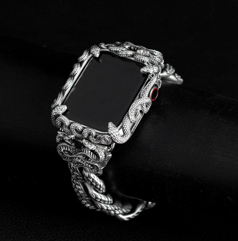 16mm Snake Chain Smart Watch Case & Strap | 925 Sterling Silver in Oxidised Finish with Hallmark