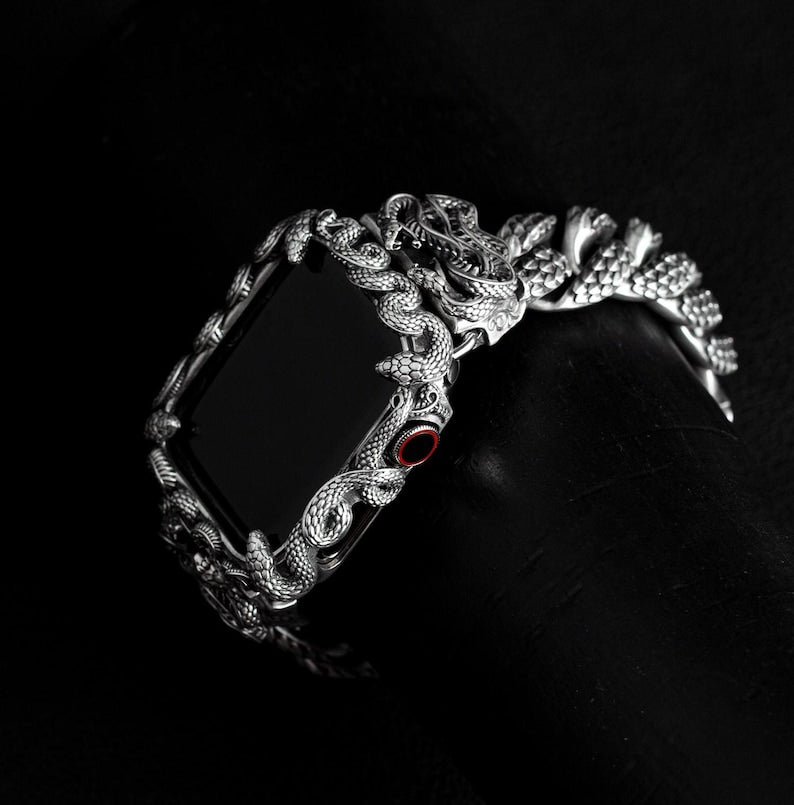 16mm Snake Chain Smart Watch Case & Strap | 925 Sterling Silver in Oxidised Finish with Hallmark