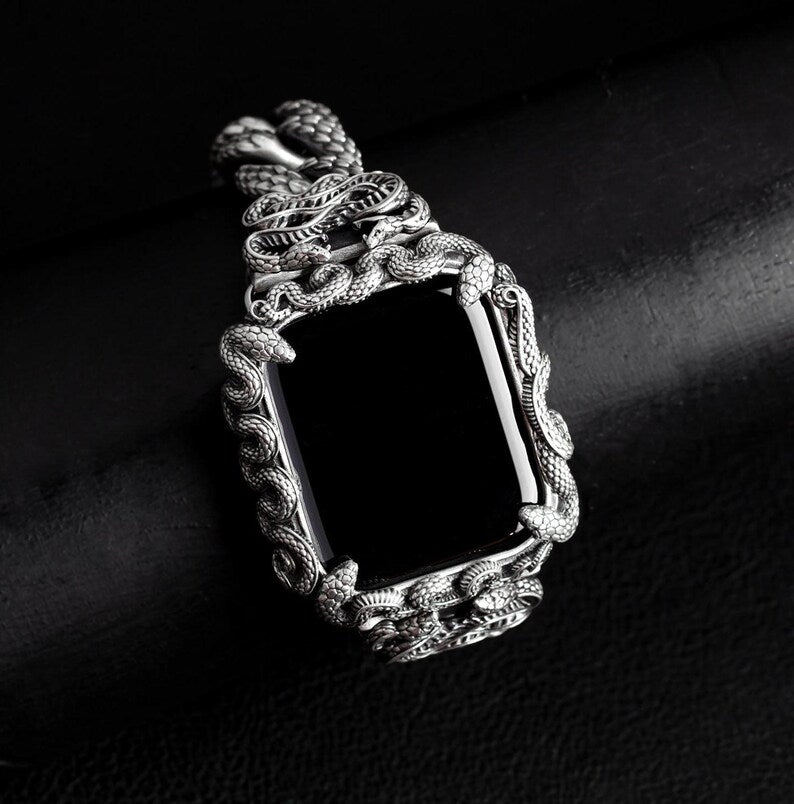 16mm Snake Chain Smart Watch Case & Strap | 925 Sterling Silver in Oxidised Finish with Hallmark