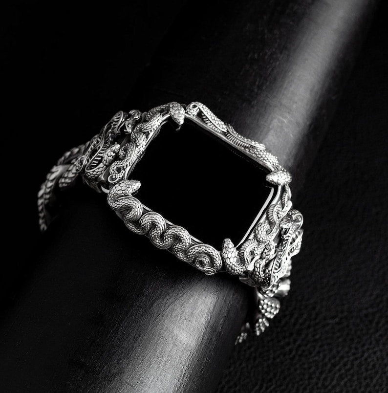 16mm Snake Chain Smart Watch Case & Strap | 925 Sterling Silver in Oxidised Finish with Hallmark