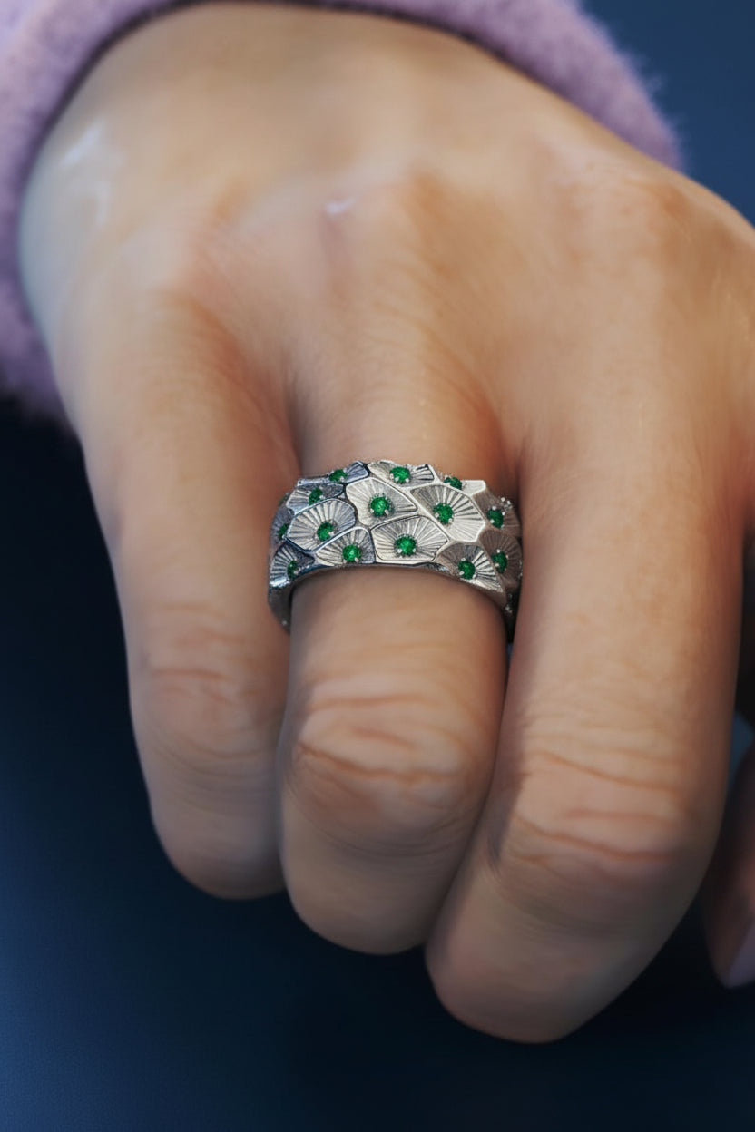 Zigzag Designed Original Zambian Mini Emerald Silver Band | 925 sterling Silver