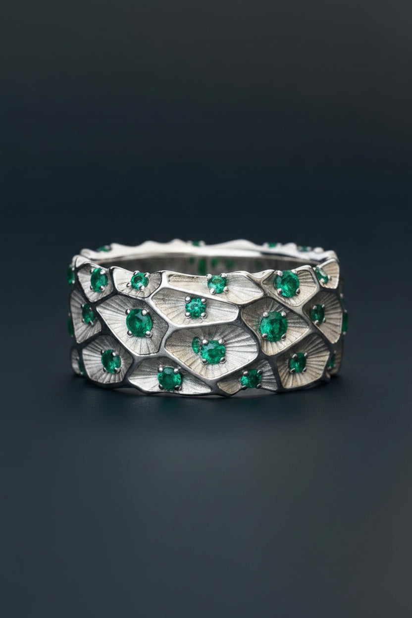 Zigzag Designed Original Zambian Mini Emerald Silver Band | 925 sterling Silver
