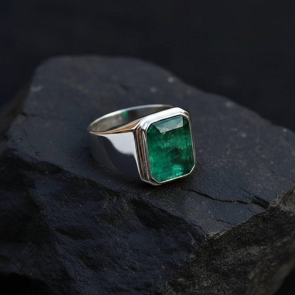 RARE PRINCE by CARAT SUTRA | Classic Style Ring with Natural Zambian Emerald Stone | 925 Sterling Silver | With Certificate of Authenticity and 925 Hallmark