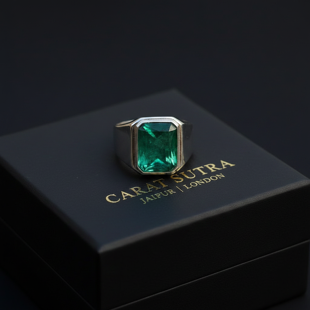 RARE PRINCE by CARAT SUTRA | Classic Style Ring with Natural Zambian Emerald Stone | 925 Sterling Silver | With Certificate of Authenticity and 925 Hallmark