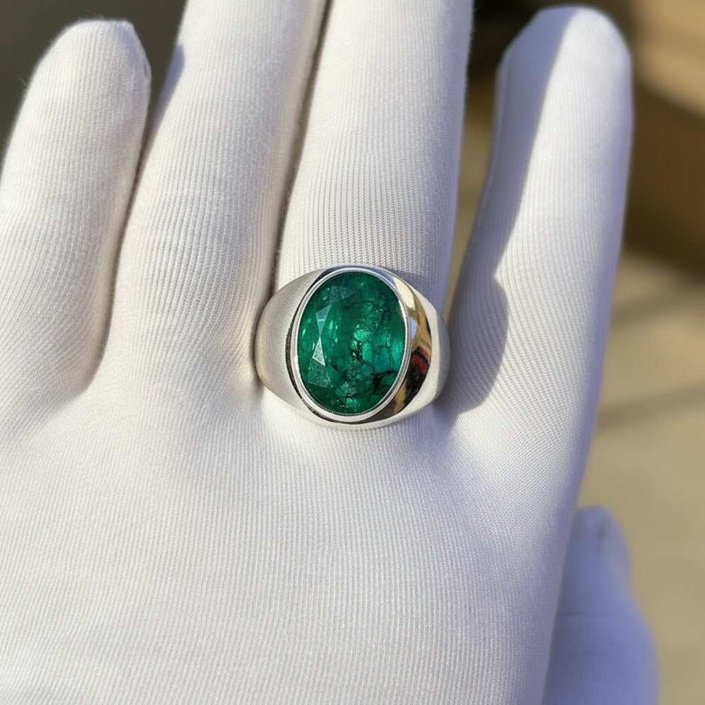 RARE PRINCE by CARAT SUTRA | Unique Classic Style Ring with 8ct Zambian Emerald, 925 Sterling Silver | With Certificate of Authenticity and 925 Hallmark