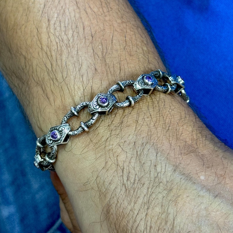 Infinity Style Hand-Engraved Bracelet with mini Natural Amethyst Stone | 925 Sterling Silver Bracelet | With Certificate of Authenticity and 925 Hallmark - caratsutra