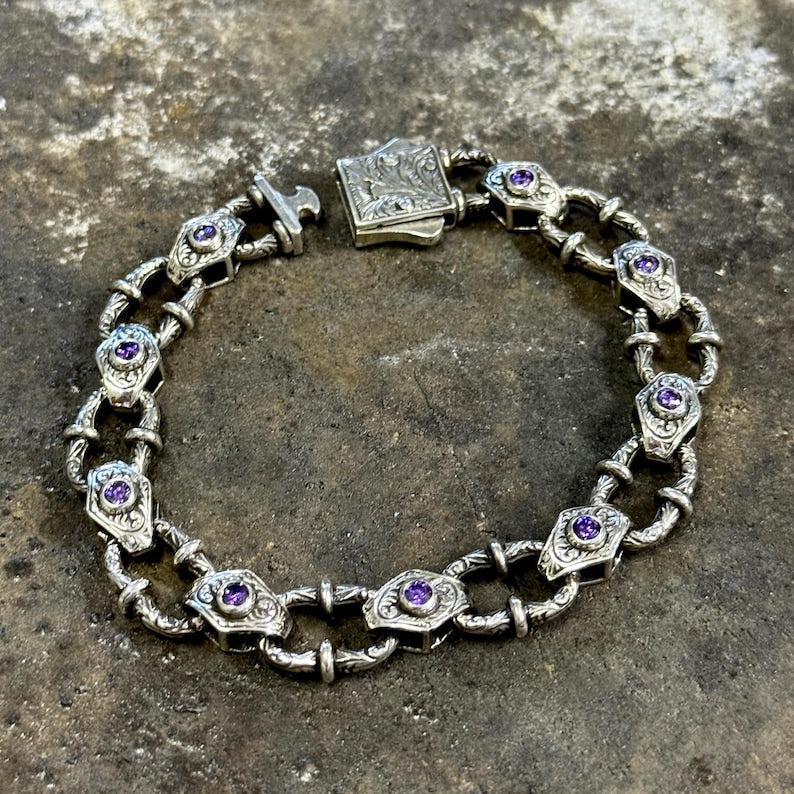 Infinity Style Hand-Engraved Bracelet with mini Natural Amethyst Stone | 925 Sterling Silver Bracelet | With Certificate of Authenticity and 925 Hallmark - caratsutra