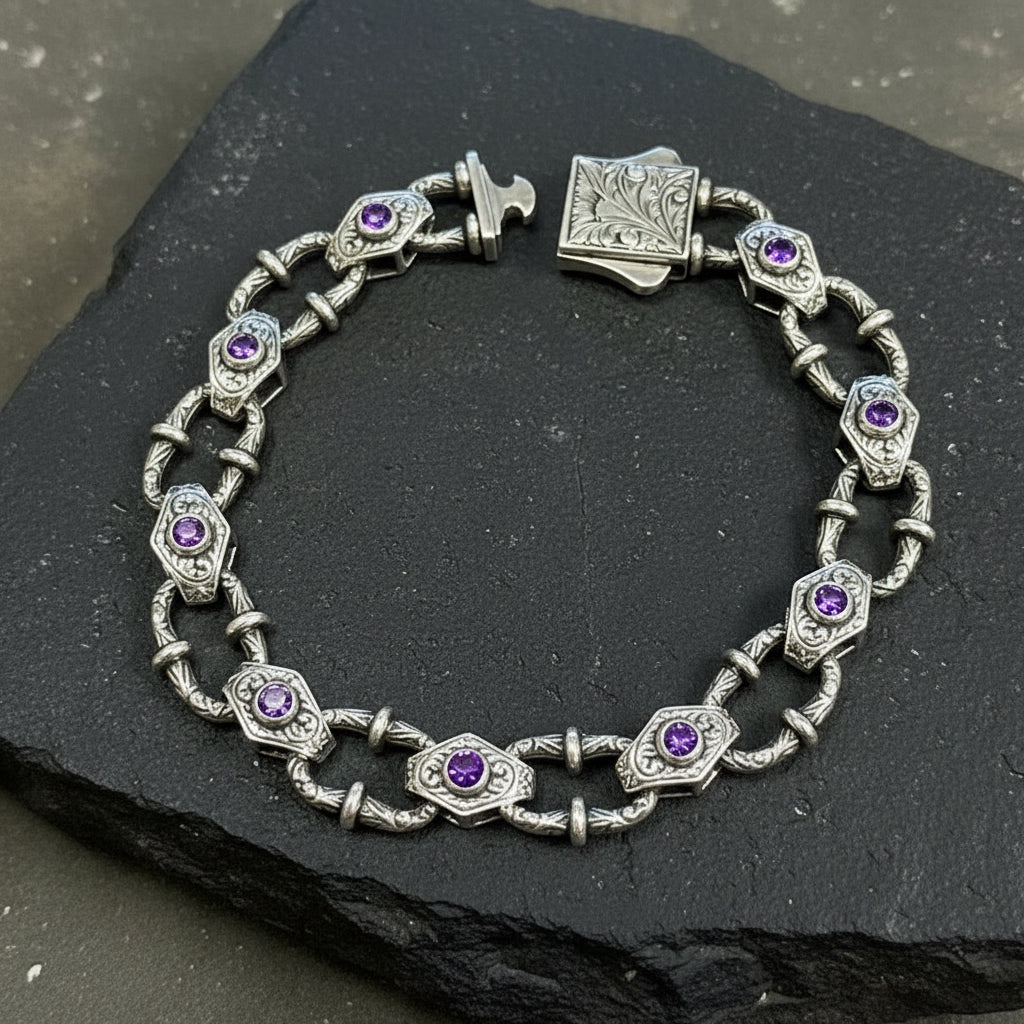 Infinity Style Hand-Engraved Bracelet with mini Natural Amethyst Stone | 925 Sterling Silver Bracelet | With Certificate of Authenticity and 925 Hallmark - caratsutra