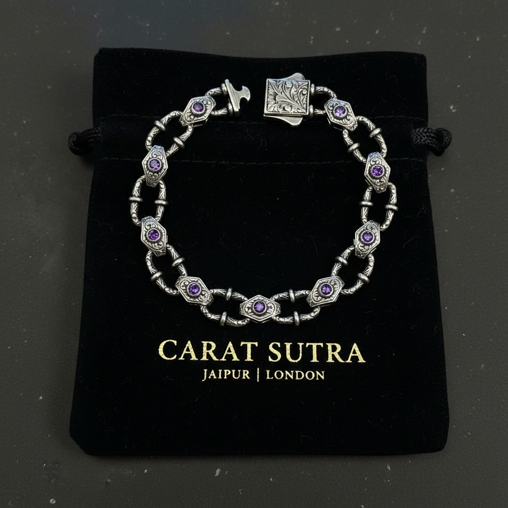 Infinity Style Hand-Engraved Bracelet with mini Natural Amethyst Stone | 925 Sterling Silver Bracelet | With Certificate of Authenticity and 925 Hallmark - caratsutra