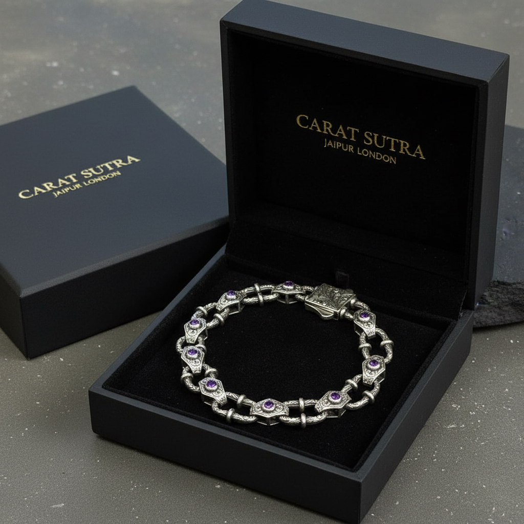 Infinity Style Hand-Engraved Bracelet with mini Natural Amethyst Stone | 925 Sterling Silver Bracelet | With Certificate of Authenticity and 925 Hallmark - caratsutra