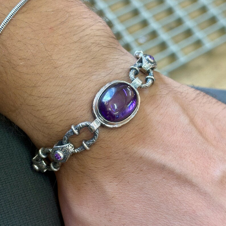 Infinity Style Hand-Engraved Bracelet with 20 Ct Natural Amethyst Stone | 925 Sterling Silver Bracelet | With Certificate of Authenticity and 925 Hallmark - caratsutra