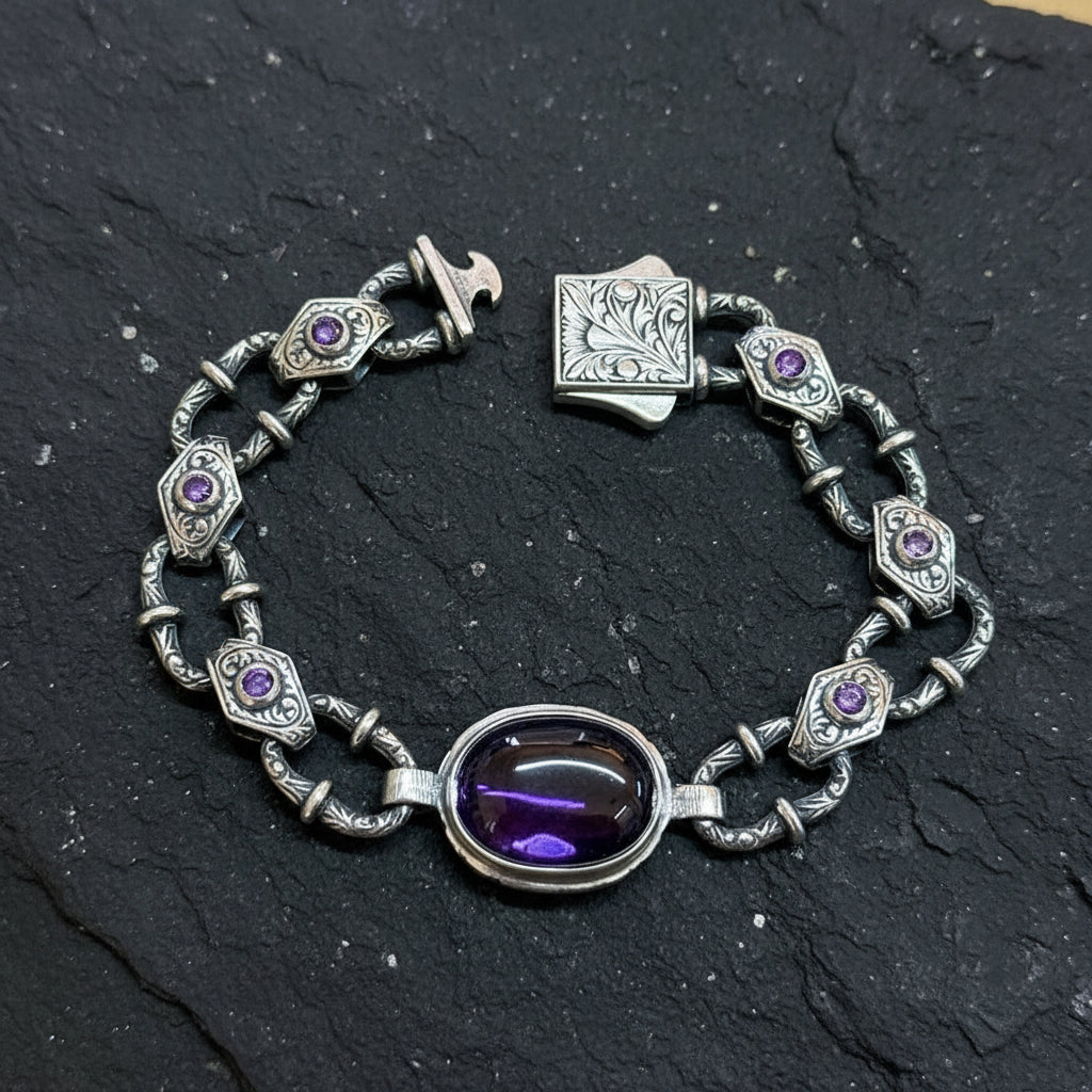 Infinity Style Hand-Engraved Bracelet with 20 Ct Natural Amethyst Stone | 925 Sterling Silver Bracelet | With Certificate of Authenticity and 925 Hallmark - caratsutra