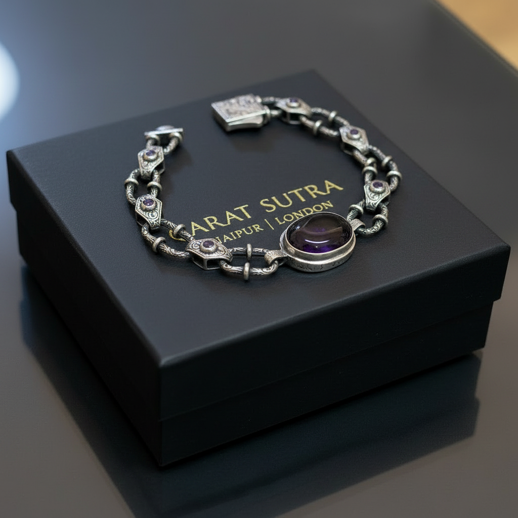 Infinity Style Hand-Engraved Bracelet with 20 Ct Natural Amethyst Stone | 925 Sterling Silver Bracelet