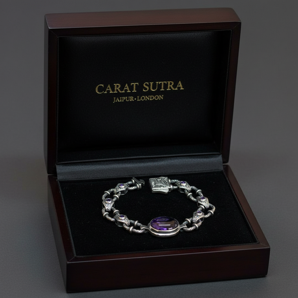 Infinity Style Hand-Engraved Bracelet with 20 Ct Natural Amethyst Stone | 925 Sterling Silver Bracelet | With Certificate of Authenticity and 925 Hallmark - caratsutra