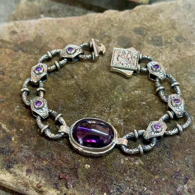 Infinity Style Hand-Engraved Bracelet with 20 Ct Natural Amethyst Stone | 925 Sterling Silver Bracelet | With Certificate of Authenticity and 925 Hallmark - caratsutra