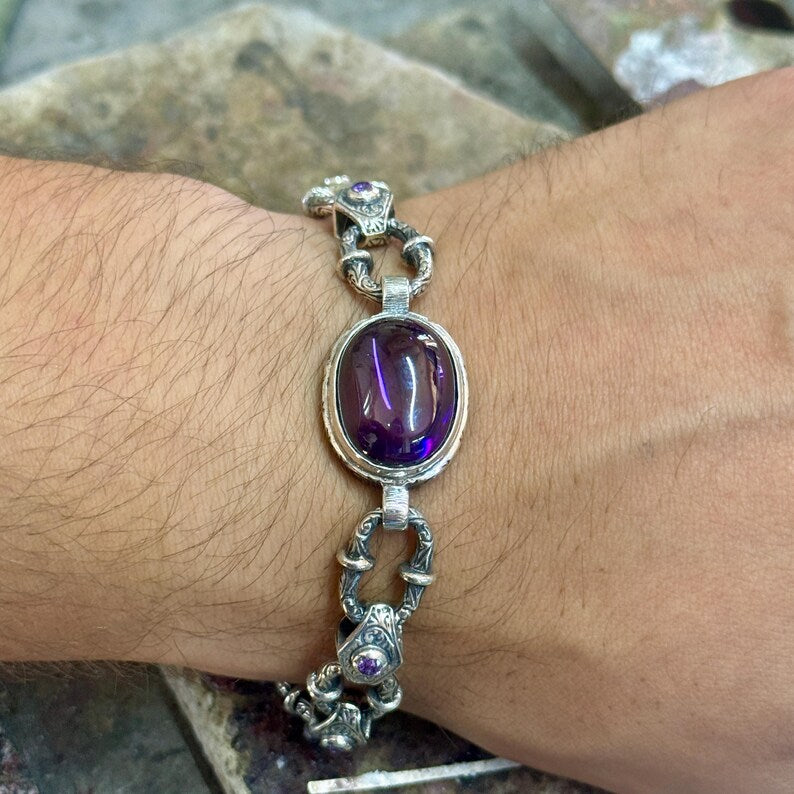 Infinity Style Hand-Engraved Bracelet with 20 Ct Natural Amethyst Stone | 925 Sterling Silver Bracelet | With Certificate of Authenticity and 925 Hallmark - caratsutra