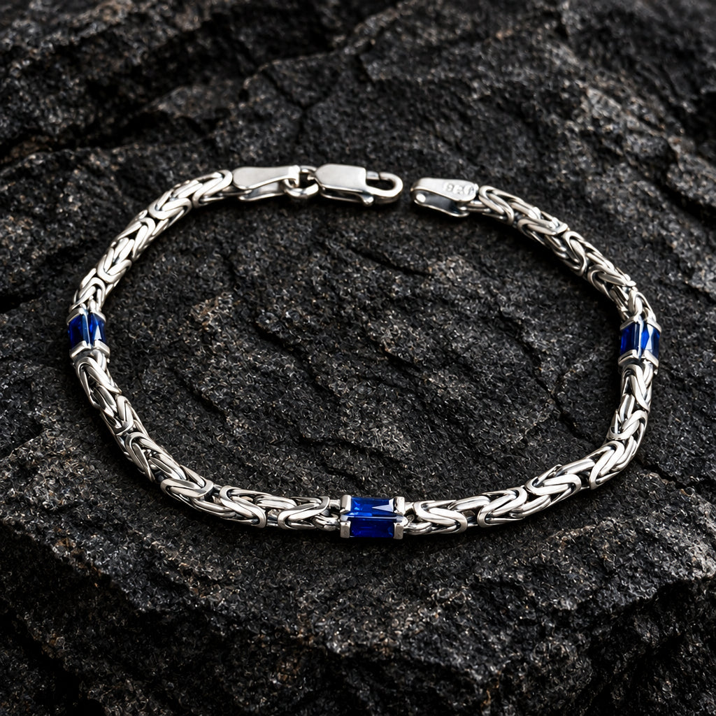 4mm Byzantine Oxidized Bracelet studded with Blue Baguette Zircons | 925 Sterling Silver Bracelet with Hallmark