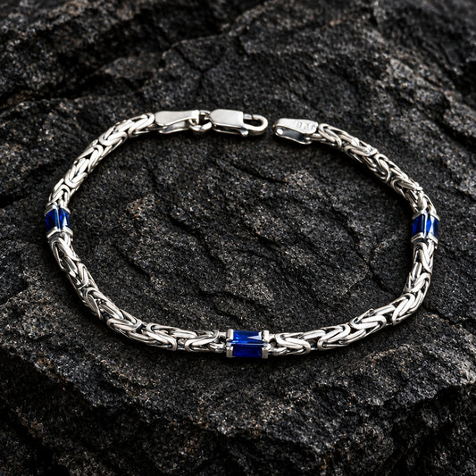 4mm Byzantine Oxidized Bracelet studded with Blue Baguette Zircons | 925 Sterling Silver Bracelet with Hallmark