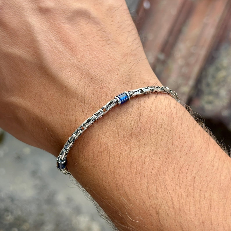 4mm Byzantine Oxidized Bracelet studded with Blue Baguette Zircons | 925 Sterling Silver Bracelet with Hallmark