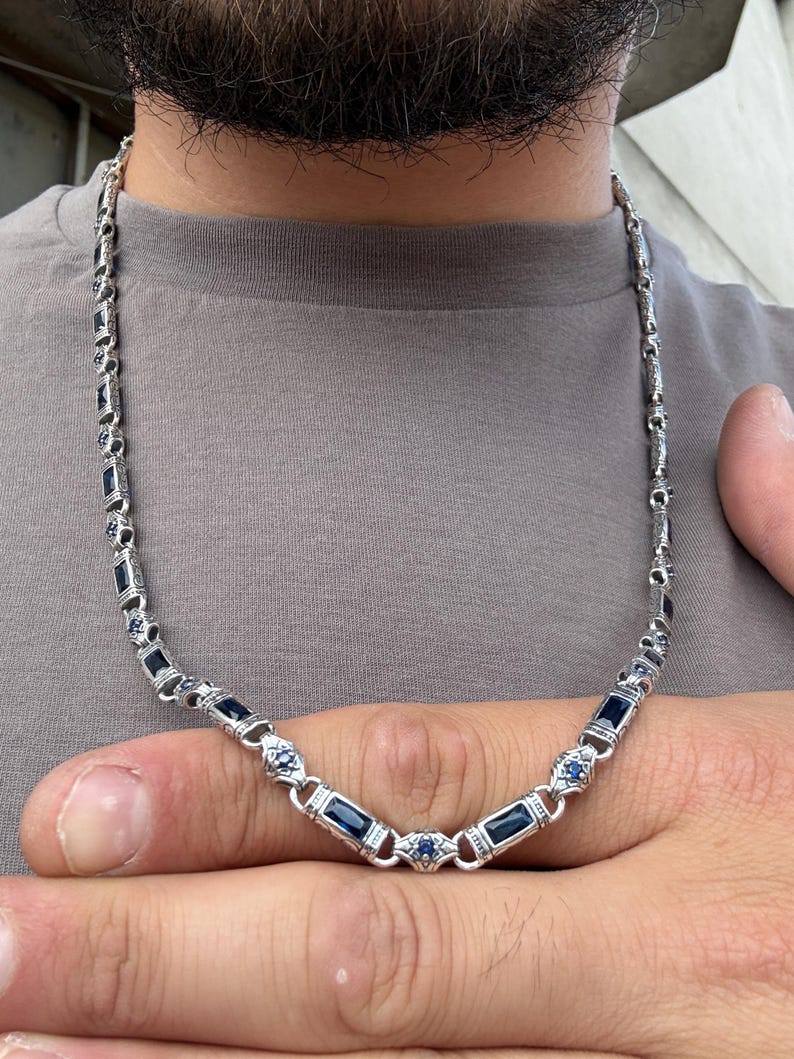 Solid 6mm Infinity Link Chain, studded with Blue Zircon | 925 Sterling Silver Chain | With Certificate of Authenticity and 925 Hallmark