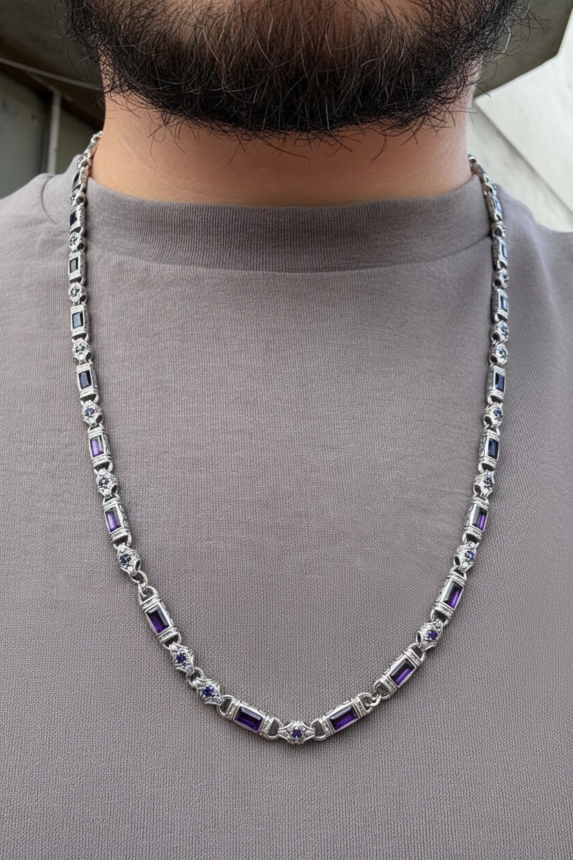 Solid 6mm Infinity Link Chain, studded with Natural Amethyst Stone | 925 Sterling Silver Chain | With Certificate of Authenticity and 925 Hallmark