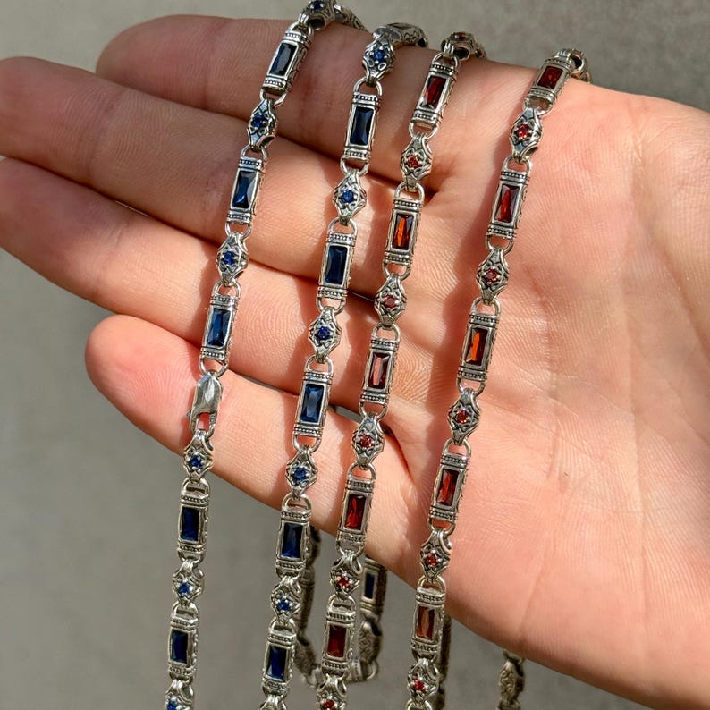 Solid 6mm Infinity Link Chain, studded with Blue Zircon | 925 Sterling Silver Chain | With Certificate of Authenticity and 925 Hallmark