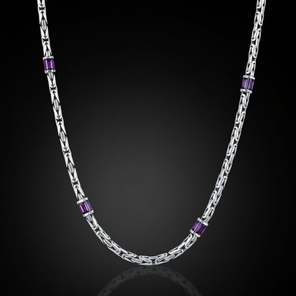 Solid 6mm Byzantine Link Chain, studded with Amethyst Stone baguette cut | 925 Sterling Silver Chain | With Certificate of Authenticity and 925 Hallmark