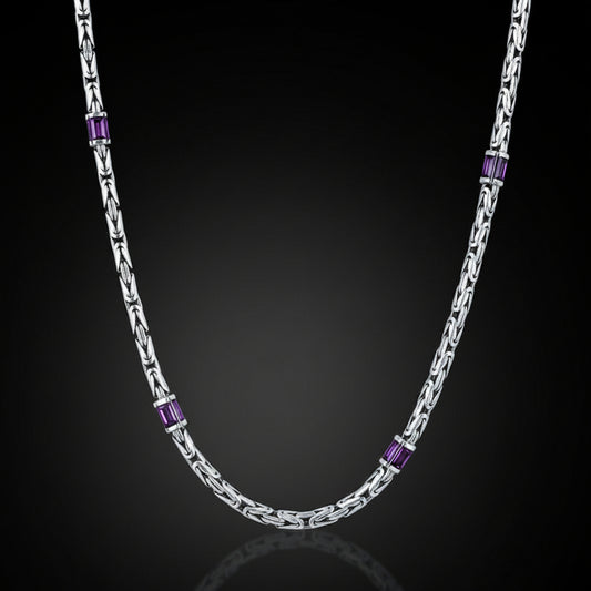 Solid 6mm Byzantine Link Chain, studded with Amethyst Stone baguette cut | Chain